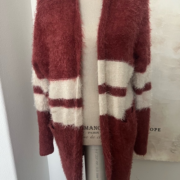 Easel rust fuzzy cardigan, long open front sweater, cozy fall layering piece - Picture 2 of 6